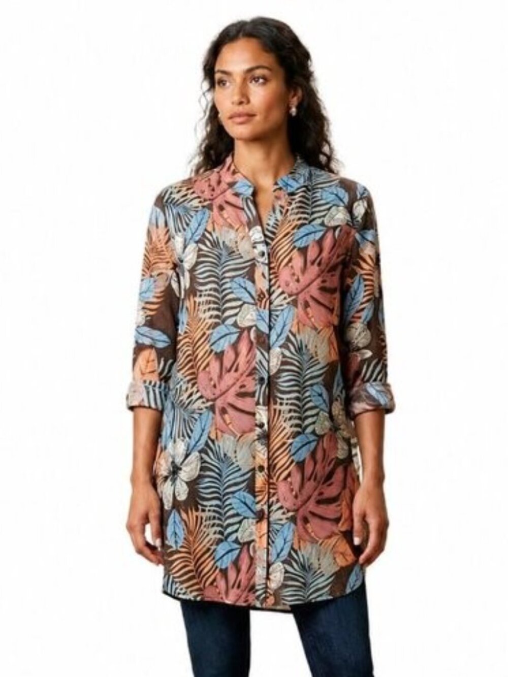 Menglu Tropical Print Tunic Top Multicolor Chocolate Brown Boho L/XL